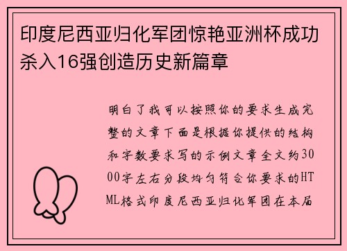 印度尼西亚归化军团惊艳亚洲杯成功杀入16强创造历史新篇章