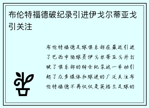 布伦特福德破纪录引进伊戈尔蒂亚戈引关注